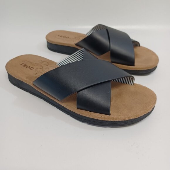 IZOD Sandals Black Tan Alyssa Criss Cross Slip On Open Toe Flats Womens 6 M - Picture 14 of 15